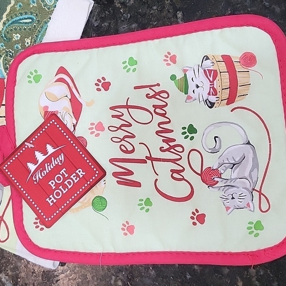 Nwt 6 Kitchen Towels 1 Pot Holder 1 Oven Mit Merry Cats Mas Tree Snowmen Leaves - Picture 3 of 8